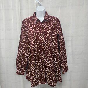 Krazy Kat Corduroy Blouse Button Up Leaf Print Preppy Boho Cottage L